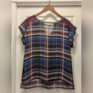 Sheer short sleeve plaid blouse size small